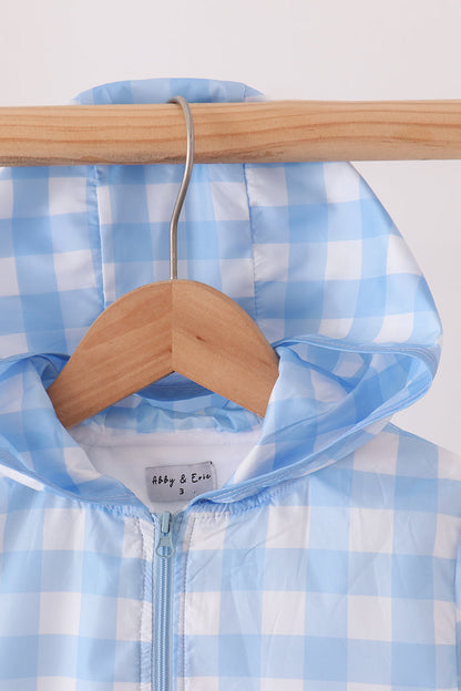 Blue Bow Embroidery Gingham Raincoat