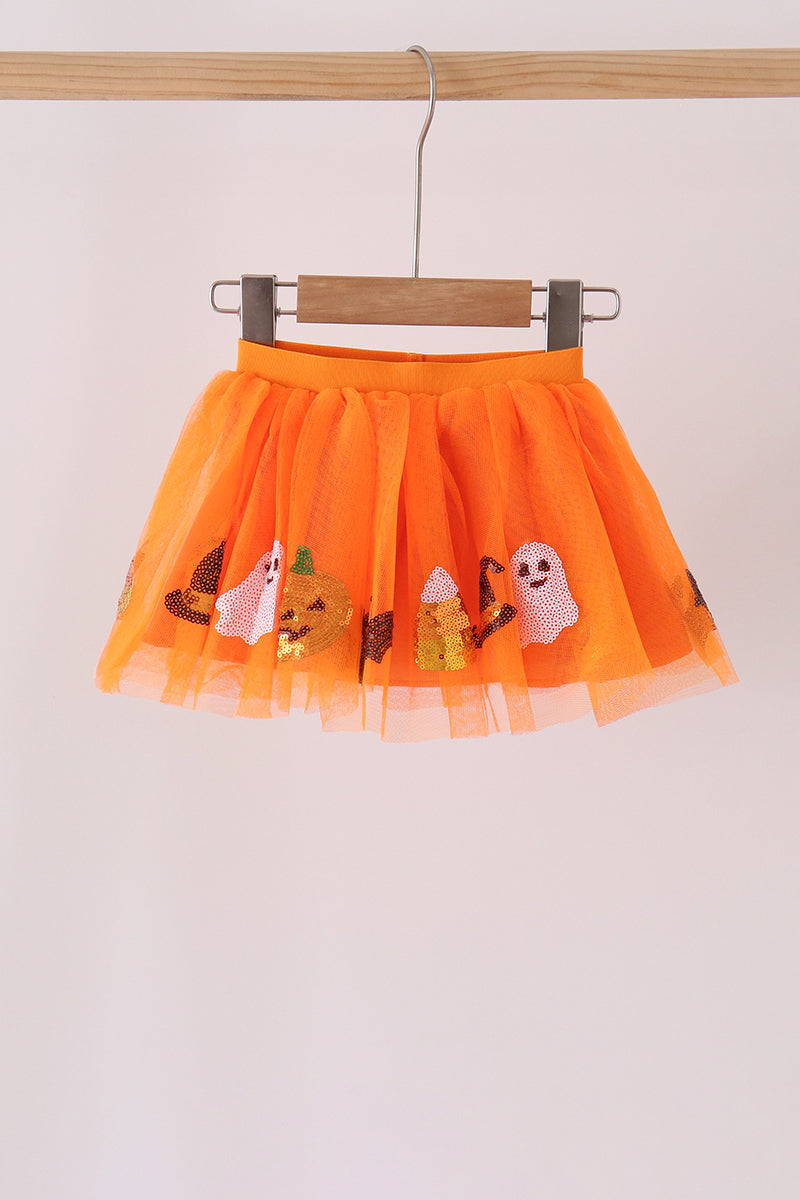 Orange Pumpkin Bat Sequin Tutu Skirt