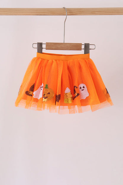 Orange Pumpkin Bat Sequin Tutu Skirt