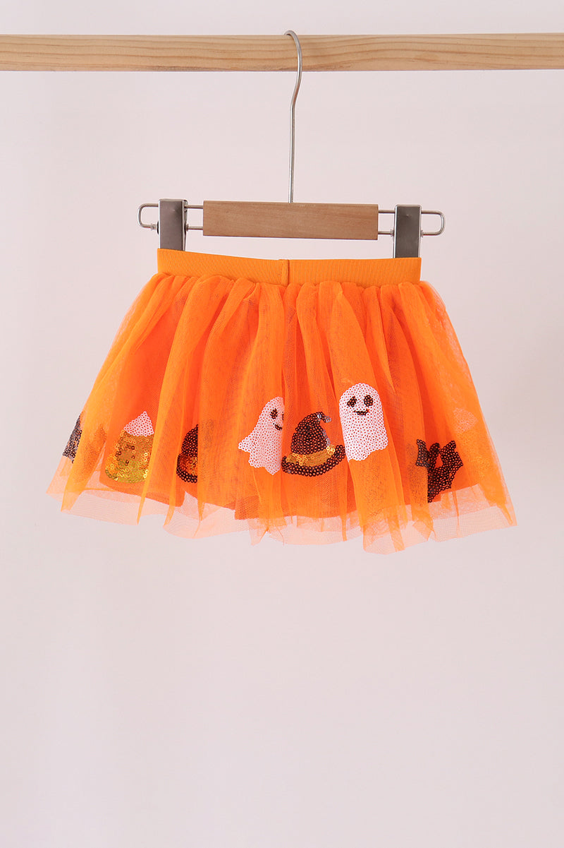 Orange Pumpkin Bat Sequin Tutu Skirt