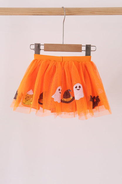 Orange Pumpkin Bat Sequin Tutu Skirt