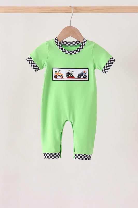 Green Car Embroidery Checkered Romper