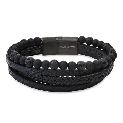 Midnight Forge Multi-Layer Leather & Lava Stone Bracelet