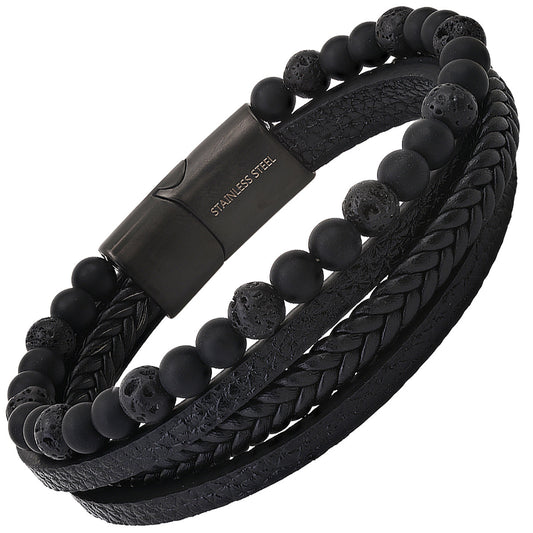 Midnight Forge Multi-Layer Leather & Lava Stone Bracelet