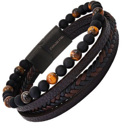 Braided Leather & Tiger Eye Beaded Bracelet