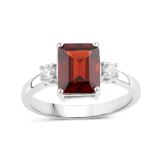 2.55 Ct Octagon Red Garnet Lab Diamond Prong Silver Three Stone Ring