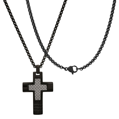 Black Ip Stainless Steel And White Carbon Fiber Cross Pendant