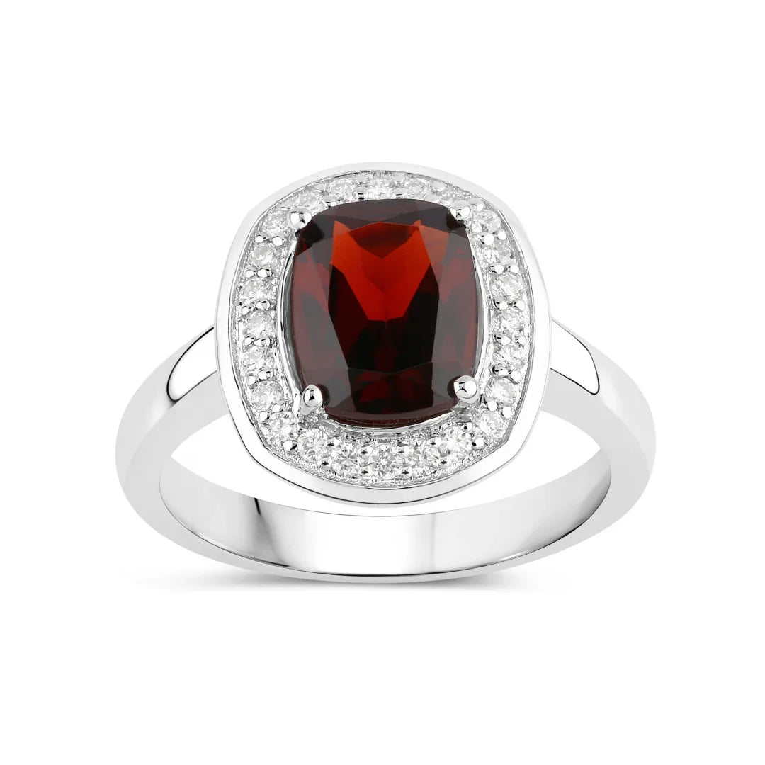 2.40 Ct Cushion Red Garnet Lab Diamond Prong Silver Halo Engagement Ring