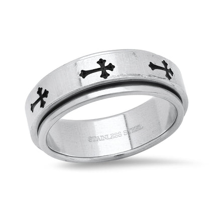 Stainless Steel Spinner Ring With Black Ip Crosses Accents
