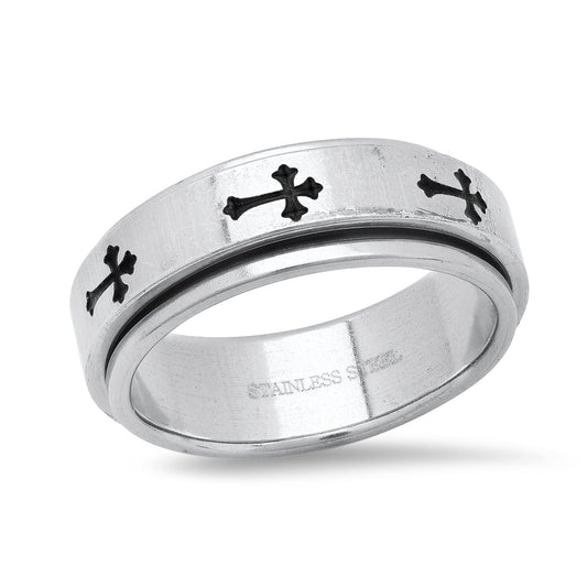 Stainless Steel Spinner Ring With Black Ip Crosses Accents