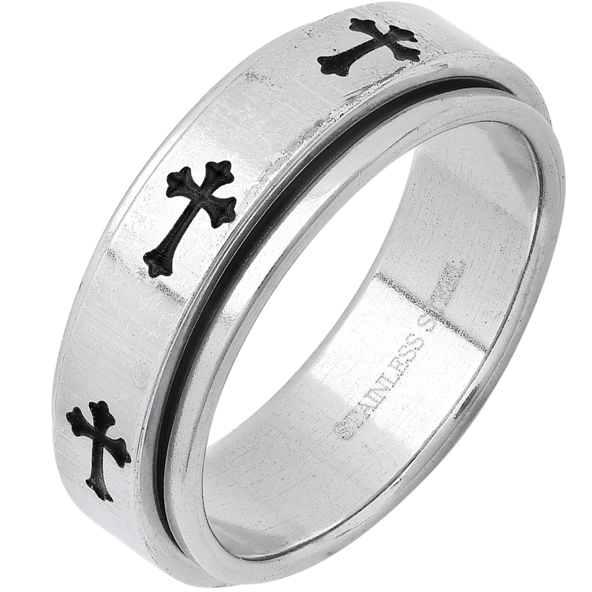 Stainless Steel Spinner Ring With Black Ip Crosses Accents