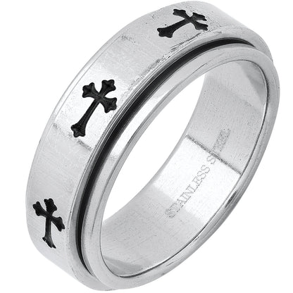 Stainless Steel Spinner Ring With Black Ip Crosses Accents