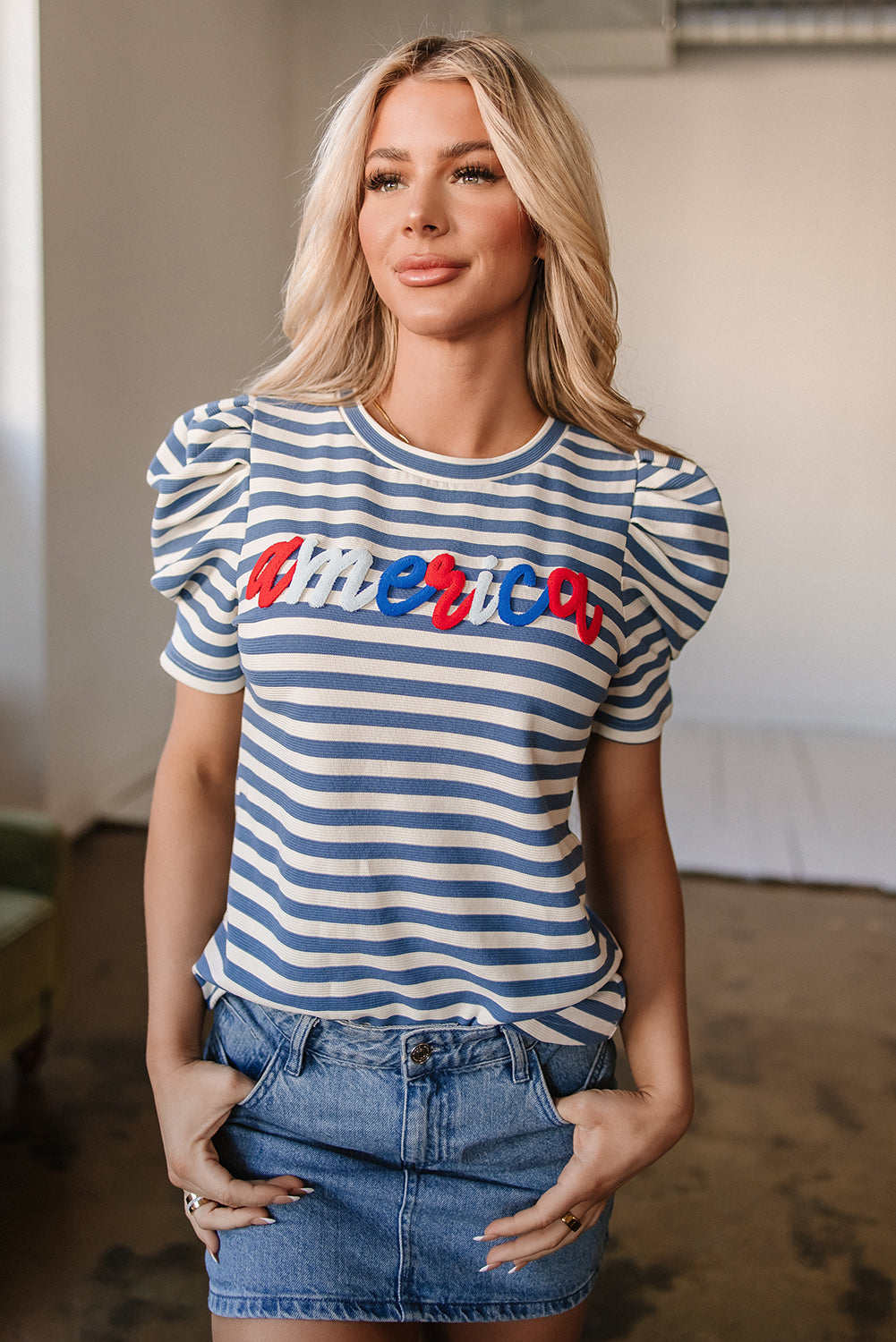 Threaded Pear America Graphic Puff Sleeve Top