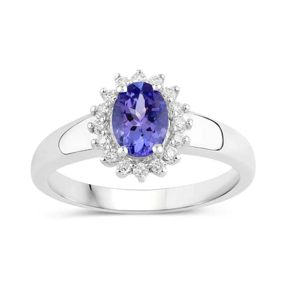 0.75 Ct Oval Violet Tanzanite and Lab Diamond Prong Silver Halo Floral Ring