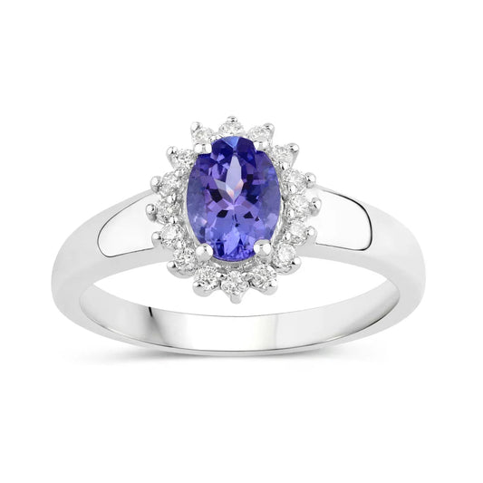 0.75 Ct Oval Violet Tanzanite and Lab Diamond Prong Silver Halo Floral Ring