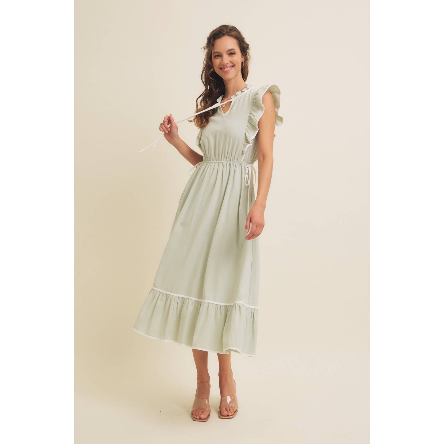 Annie- Cotton Gauze Midi Dress With Ruffles and Contrast Binding