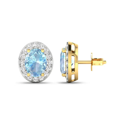 Genuine Aquamarine and Diamond Studs Earrings