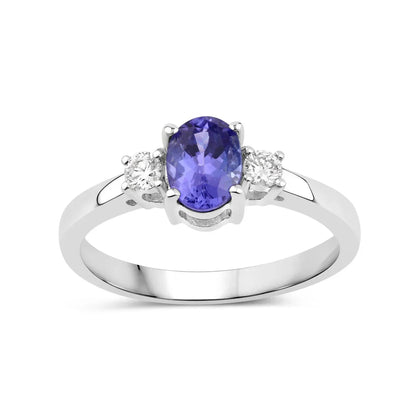 0.75 Ct Oval Violet Tanzanite and Lab Diamond Prong Silver Three Stone Ring