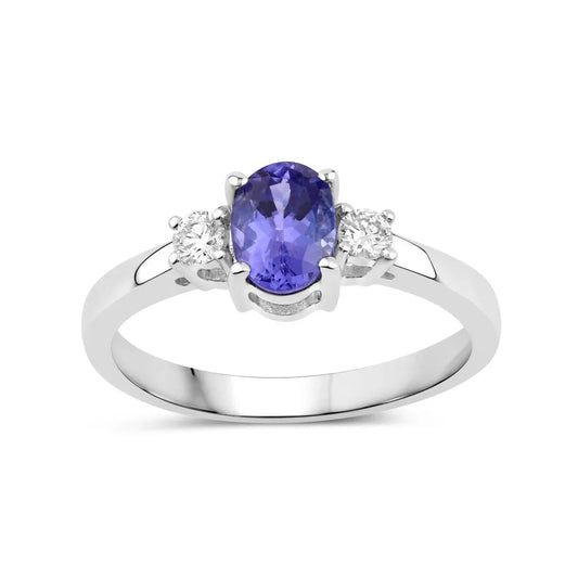 0.75 Ct Oval Violet Tanzanite and Lab Diamond Prong Silver Three Stone Ring