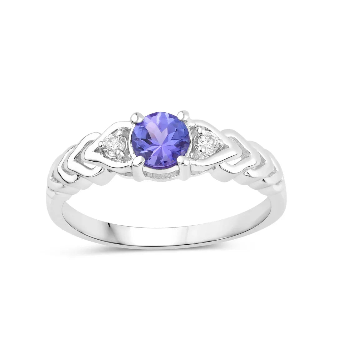 0.47 Ct Round Violet Tanzanite and Lab Diamond Prong Silver Three Stone Ring