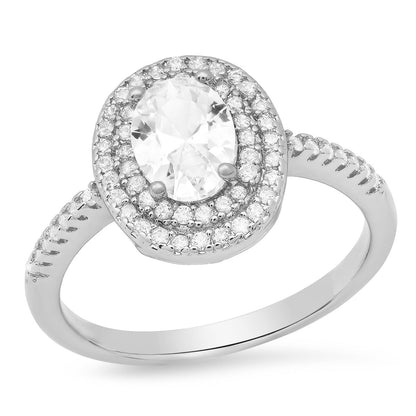 18K White Gold Plated Brass Simulated Diamonds Oval Engagement Ring