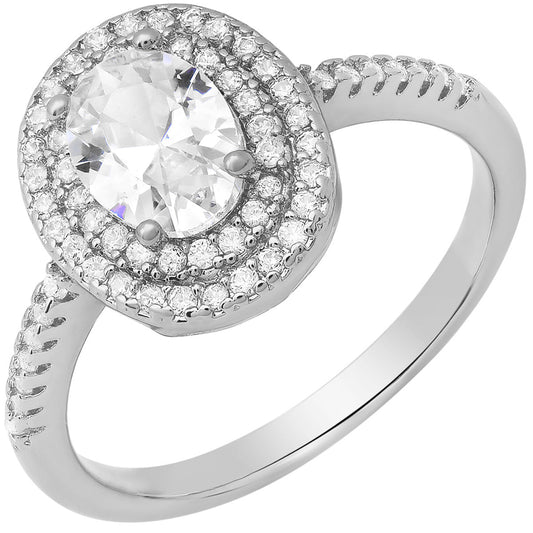 18K White Gold Plated Brass Simulated Diamonds Oval Engagement Ring