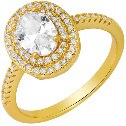 18K White Gold Plated Brass Simulated Diamonds Oval Engagement Ring