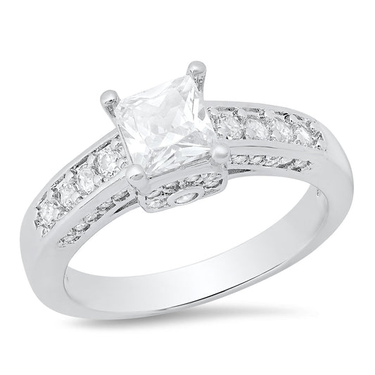 18K White Gold Plated Brass And Simulated Diamonds Square Engagement Ring