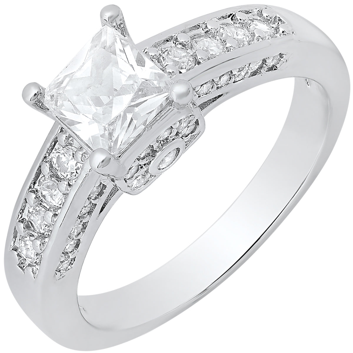 18K White Gold Plated Brass And Simulated Diamonds Square Engagement Ring
