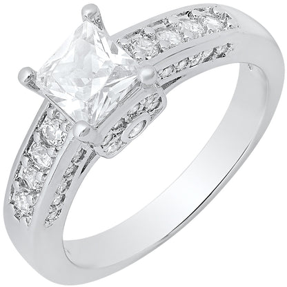 18K White Gold Plated Brass And Simulated Diamonds Square Engagement Ring