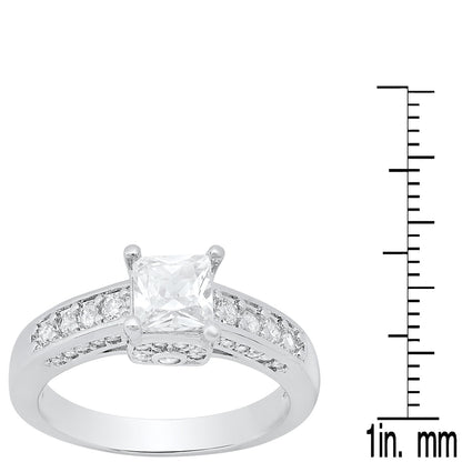 18K White Gold Plated Brass And Simulated Diamonds Square Engagement Ring