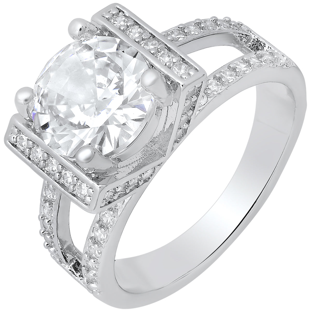 18K White Gold Plated Brass And Simulated Diamonds Engagement Ring