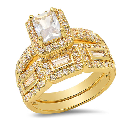 18K Gold Plated Brass And Simulated Diamonds Engagement/Band Rings 2Pc Set