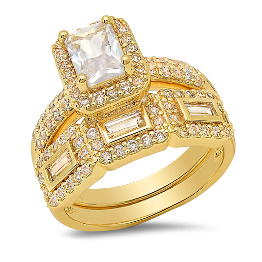 18K Gold Plated Brass And Simulated Diamonds Engagement/Band Rings 2Pc Set