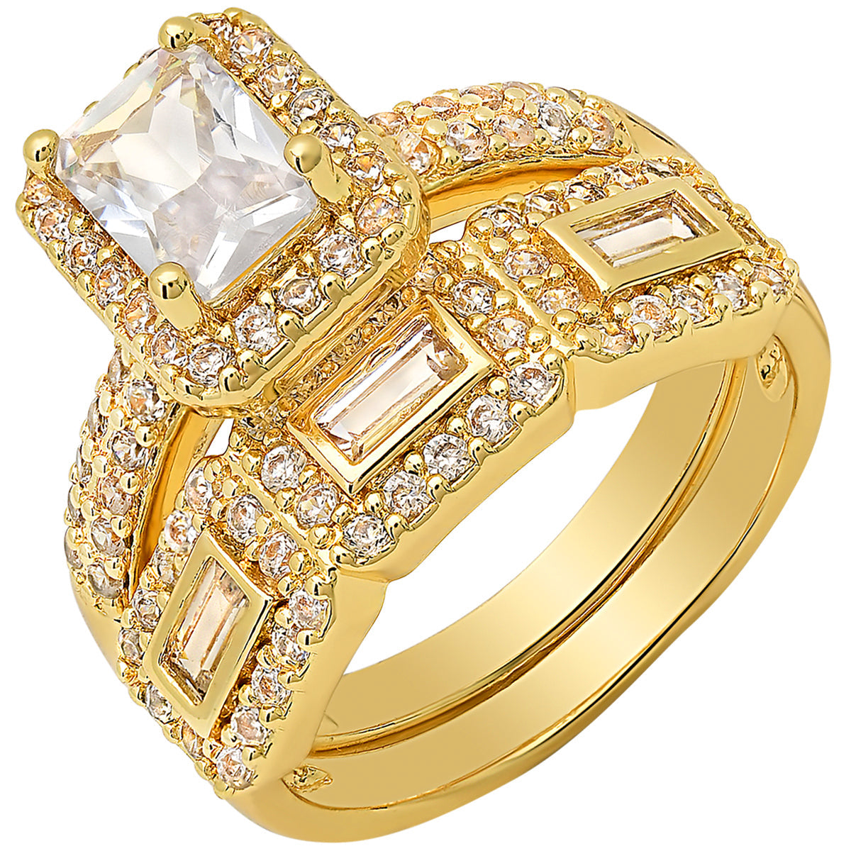 18K Gold Plated Brass And Simulated Diamonds Engagement/Band Rings 2Pc Set