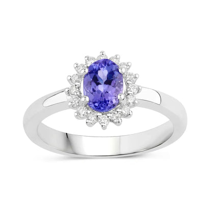 0.75 Ct Oval Violet Tanzanite and Lab Diamond Prong Silver Halo Ring