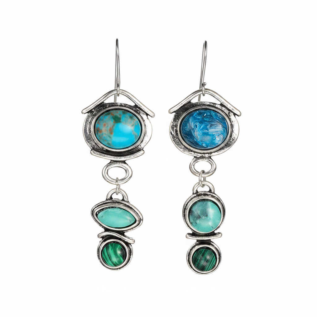Turquoise & Crystal Silvertone Tiered Drop Earrings