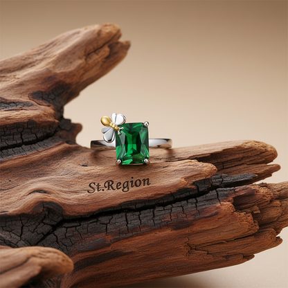 Green Crystal & Two-Tone Bee Emerald-Cut Ring