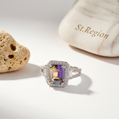 Yellow & Purple Crystal Cubic Zirconia Silvertone Princess-Cut Halo Ring