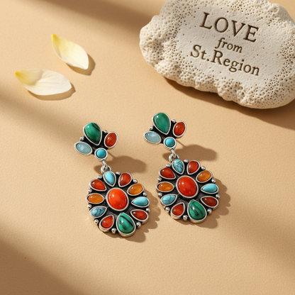 Orange Resin & Turquoise Silvertone Oval Drop Earrings