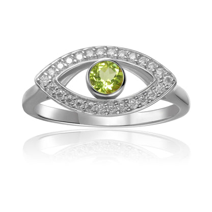 1.3 Ct Round Green Peridot Bezel Silver Evil Eye Ring