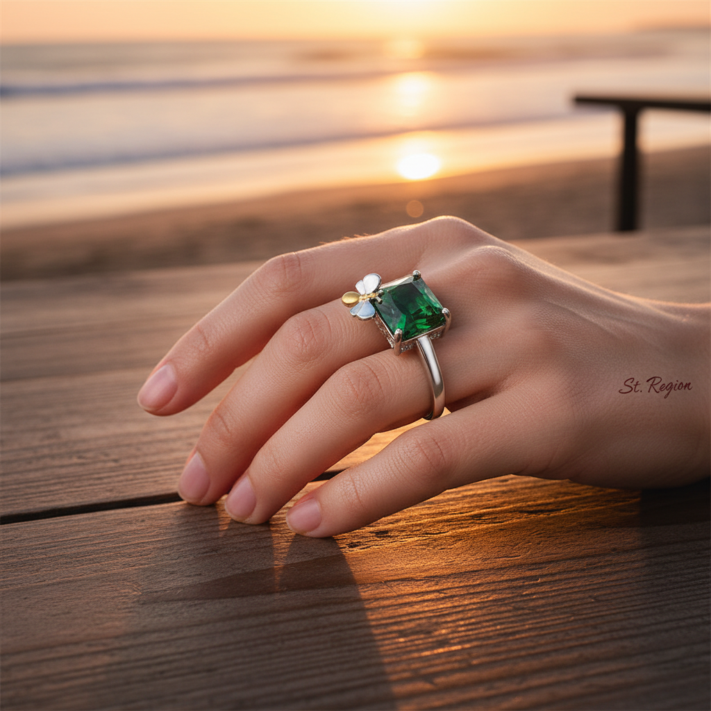 Green Crystal & Two-Tone Bee Emerald-Cut Ring