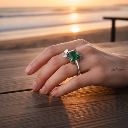 Green Crystal & Two-Tone Bee Emerald-Cut Ring