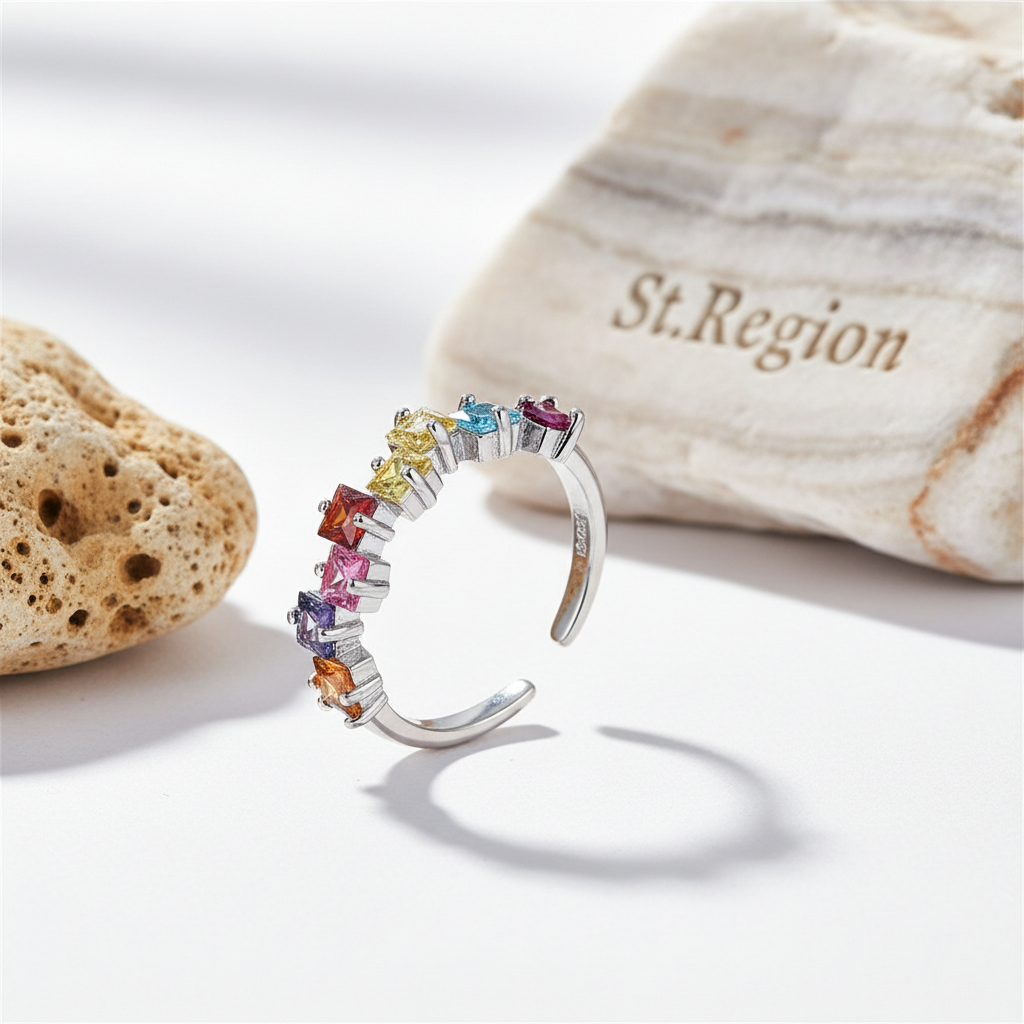 Jewel-tone Crystal & Silvertone Princess-Cut Open Ring