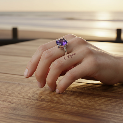 Purple Crystal & Silvertone Oval-Cut Solitaire Ring