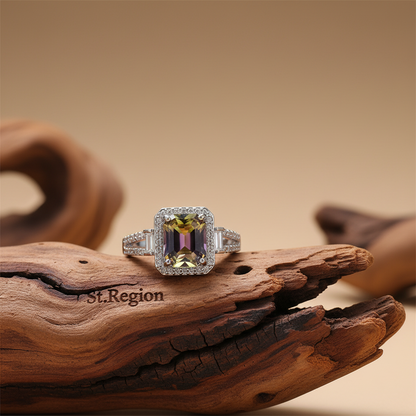 Yellow & Purple Crystal Cubic Zirconia Silvertone Princess-Cut Halo Ring