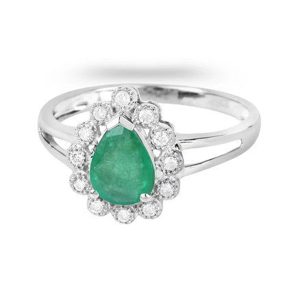 1.10 Ct Pear Green Zambian Emerald Diamond V-Prong 10k Gold Halo Statement Ring