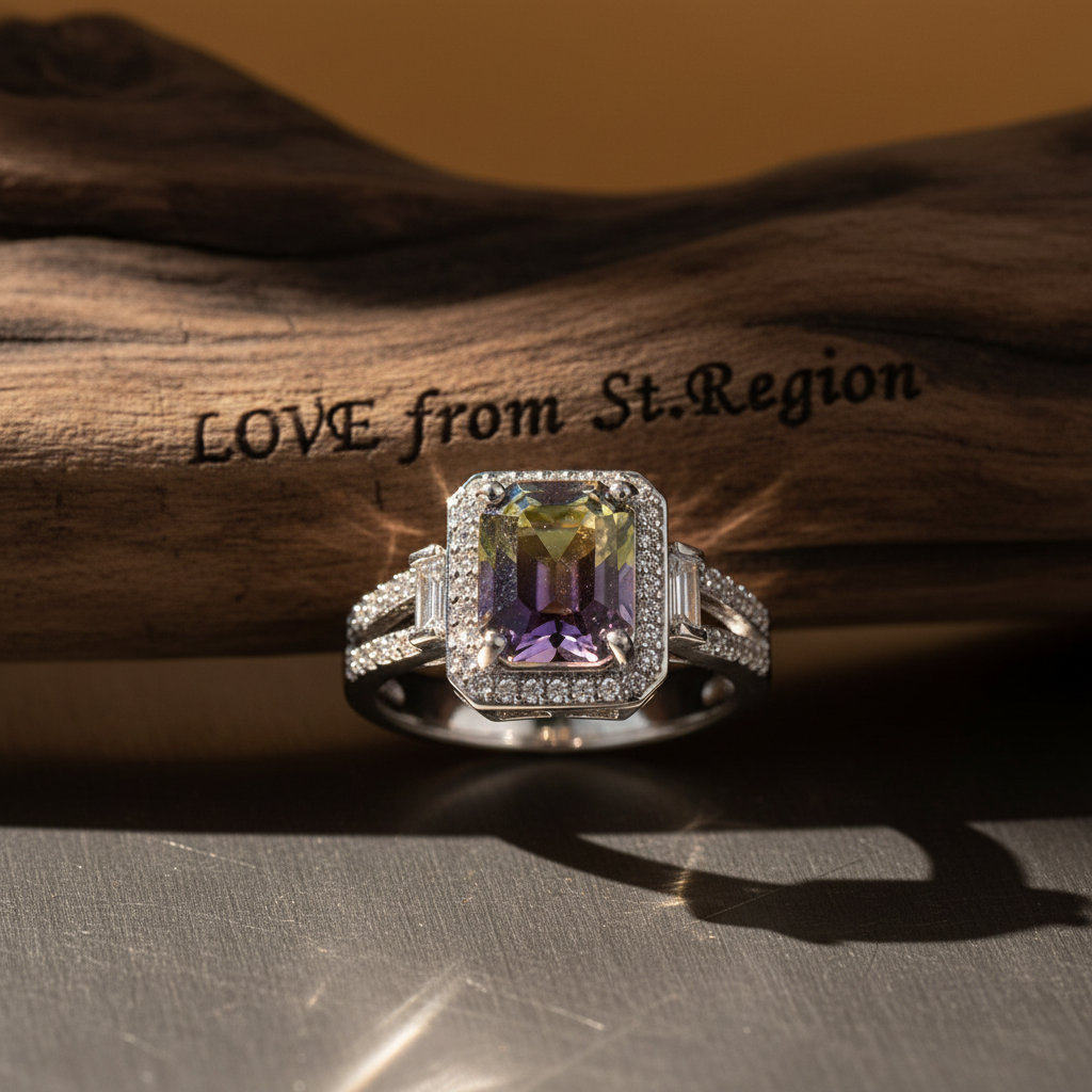 Yellow & Purple Crystal Cubic Zirconia Silvertone Princess-Cut Halo Ring