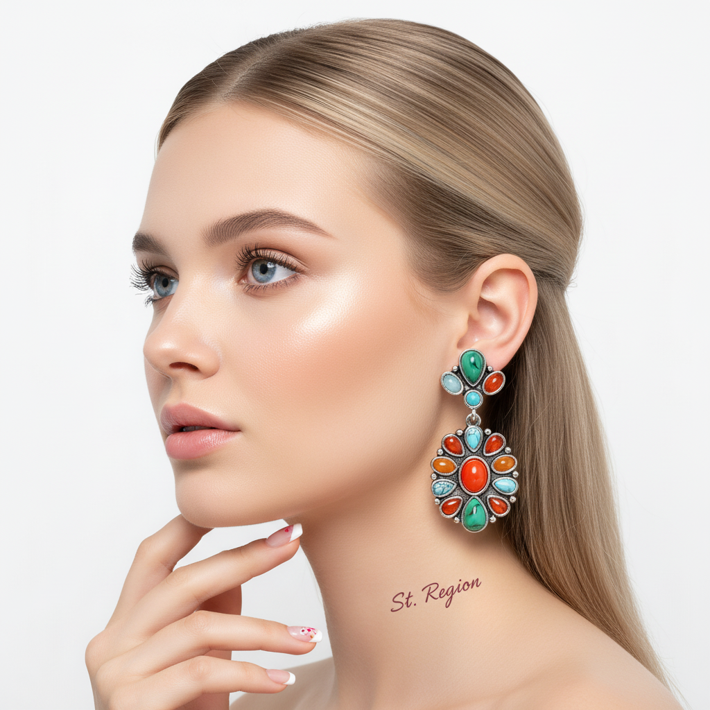 Orange Resin & Turquoise Silvertone Oval Drop Earrings
