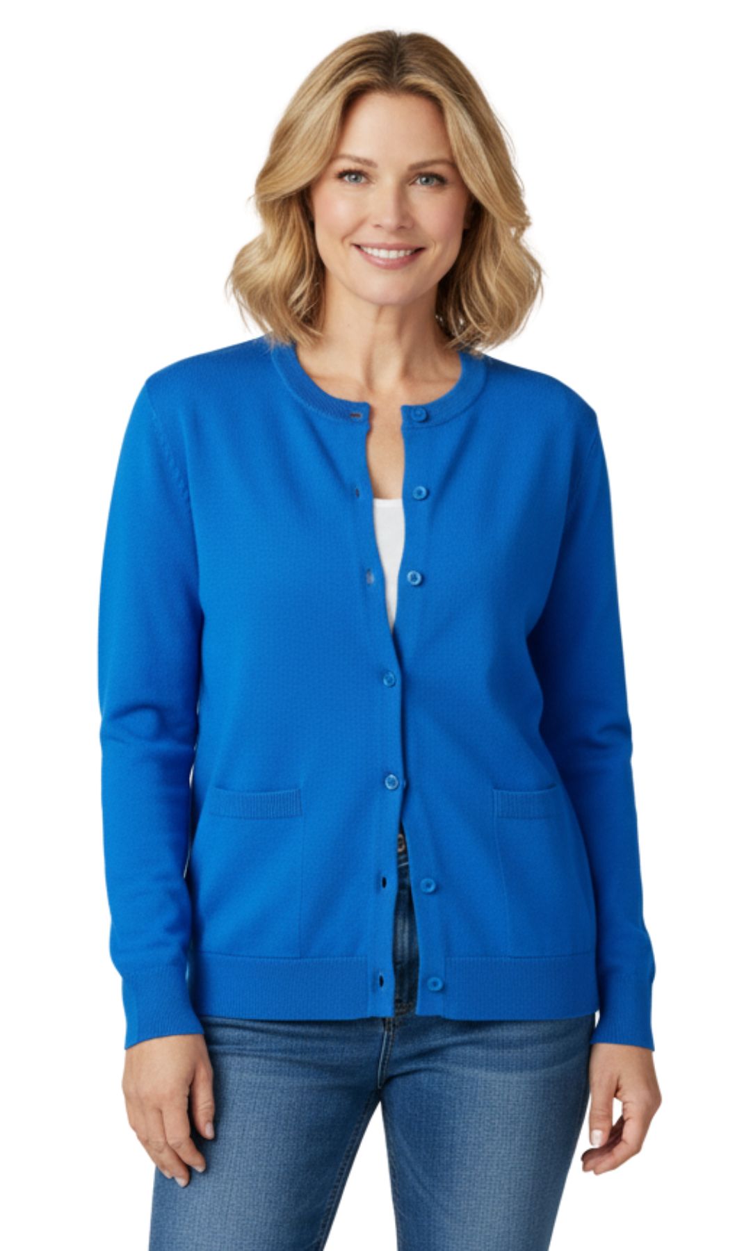 Women's Soft Cotton Button-Up Cardigan Crewneck Sweater Long Sleeves with Front Pockets